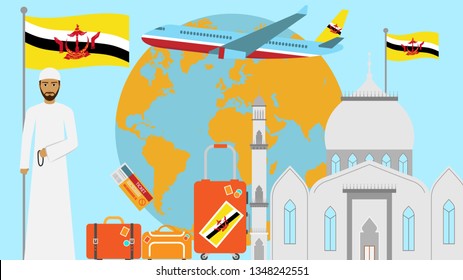 Welcome to Brunei postcard. Travel and journey concept of Islamic country vector illustration with national flag of Brunei