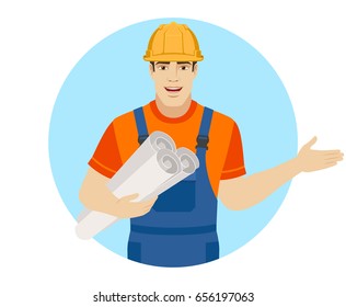 Welcome! Builder holding the project plans and showing something beside of him. Portrait of builder character in a flat style. Vector illustration.