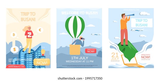Welcome to Busan advertising banners set. Modern constructions and natural landscapes, landmark of city. Travel company poster for travelers, vacation to South Korea, major port city with mountains