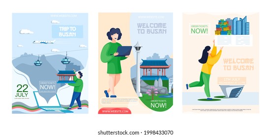 Welcome to Busan advertising banners set. Modern constructions and traditional temple, landmark of city. Travel company poster for travelers, vacation to south korea, major port city with mountains