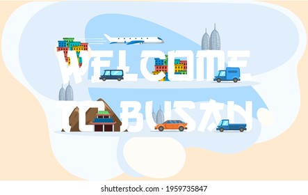 Welcome to Busan major port city, tourist travel promotion poster with different types of transport. Journey to asian country south korea, summer tourism banner, entertainment in modern big town