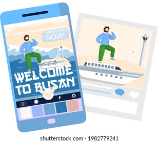 Welcome to Busan major south korea port city, tourist travel promotion poster with man stands on yacht sailing on sea. Journey to asian country south korea, summer tourism banner, entertainment
