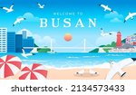 Welcome to Busan poster vector illustration. Beautiful Busan landscape.