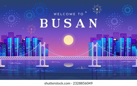 Welcome to Busan poster vector illustration. Beautiful Busan night city landscape.