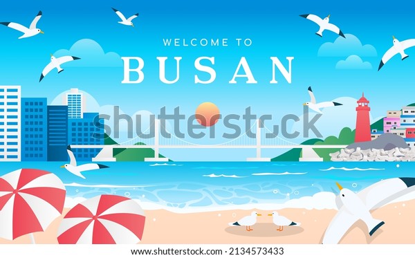 Welcome to Busan poster vector illustration.\
Beautiful Busan\
landscape.