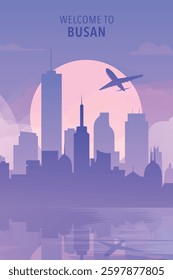 Welcome to Busan, South Korea. Gradient big city poster, card with shapes of skyline, waterfront and airplane. Asia travel vector illustration, print, graphic