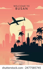 Welcome to Busan, South Korea. Retro city poster with abstract shapes of skyline, buildings, plane flying over. Vintage airlines travel vector illustration