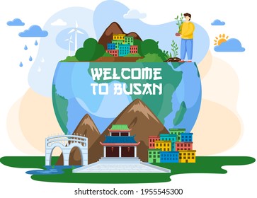 Welcome to Busan tourist travel promotion poster with beautiful nature and modern buildings