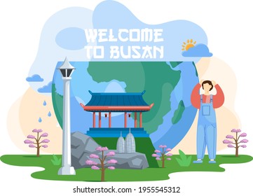 Welcome to Busan tourist travel promotion poster with beautiful nature and traditional buildings