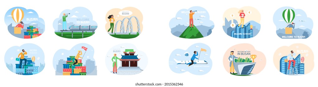 Welcome to Busan travel promotion posters set with beautiful nature, traditional buildings. Journey to asian country in South Korea, tourism banner, entertainment and excursions in modern big city