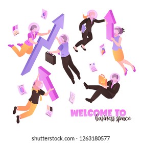 Welcome to business space white background with people holding briefcases and folders and flying  in zero gravity isometric vector illustration