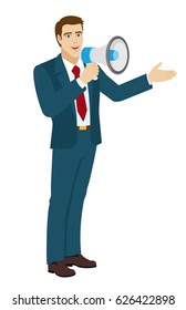Welcome! Businessman with loudspeaker showing something beside of him. Full length portrait of businessman character in a flat style. Vector illustration.