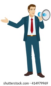 Welcome! Businessman with loudspeaker. Businessman shows something beside of him. Vector illustration.