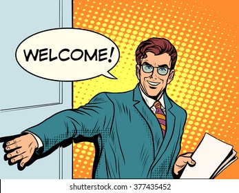 Welcome businessman opens the door