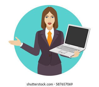 Welcome! Businesswoman holding a laptop notebook and shows something beside of him. Portrait of businesswoman in a flat style. Vector illustration.