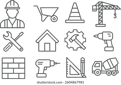 Welcome to a bustling workspace filled with essential construction tools and equipment including a worker, wheelbarrow, safety cone, and various power tools.