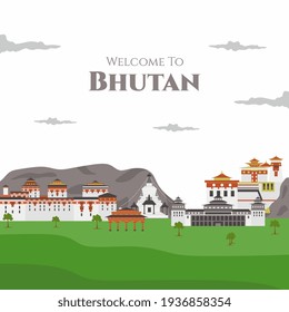 Welcome to Buthan vector flat illustration. with landmark buildings includes Paro Taktsang, Punakha Dzong, Tashichhoedzong, National Memorial Chhorten and Kyichu Lhakhang. Travel tourist vacation