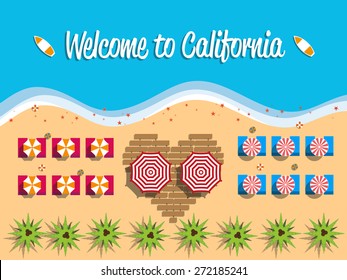 Welcome to California postcard flat design, beach view on top, vector illustration 