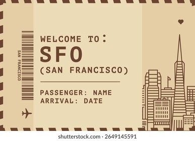 Bem-vindo ao modelo de cartão Califórnia, São Francisco EUA. Ilustração de cartão postal estilo vintage vetor com código de aeroporto, skyline, informações de voo. Passe de embarque, estilo de etiqueta de bagagem s layout de imagem