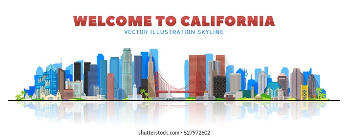 Welcome to California. Skyline with most huge city in California state ( USA ) Los Angeles, San Francisco, San Jose, San Diego and Sacramento in panorama.