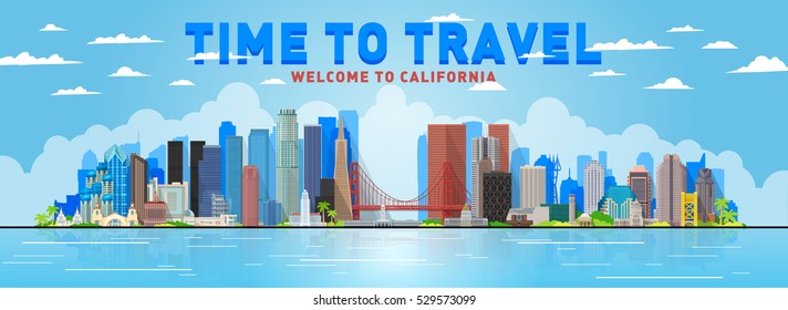 Welcome to California. Skyline with most huge city in California state ( USA ) Los Angeles, San Francisco, San Jose, San Diego and Sacramento in blue skyline panorama.