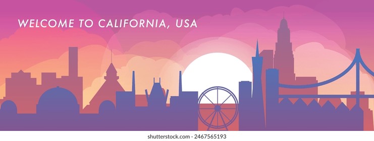 Welcome to California state, USA skyline with cities panorama, gradient vector banner. Colorful Los Angeles, San Diego, San Francisco silhouette for footer, steamer, header, horizontal graphic