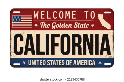 Welcome to California vintage rusty license plate on a white background, vector illustration