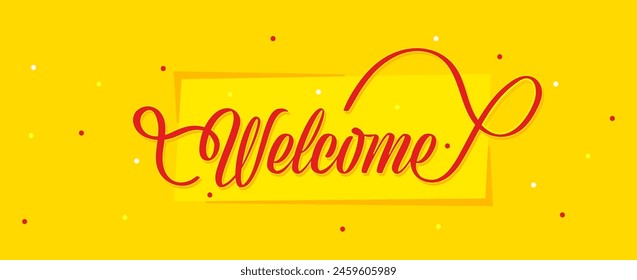 WELCOME Calligraphy Banner on Yellow Background with Dots.