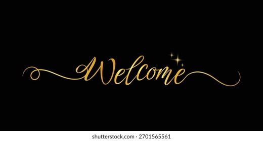 Caligrafía de bienvenida sobre fondo negro. Texto dibujado a mano dorado, blanco, bronce