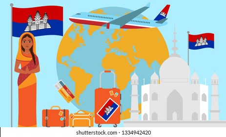 Welcome to Cambodia postcard. Travel and safari concept of Asia world map vector illustration with national flag