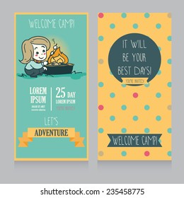 welcome camp banners template, invitation to adventure,card with cute cartoon kid cooking marshmallow, vector illustration