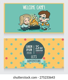 welcome camp banners template, invitation to adventure, card with cute cartoon kids cooking marshmallow, vector illustration