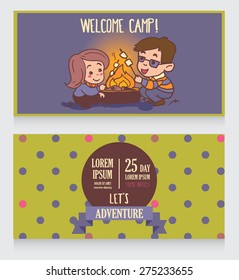 welcome camp banners template, invitation to adventure, card with cute cartoon kids cooking marshmallow, vector illustration