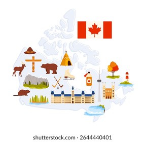 Welcome to Canada, banner design with culture elements, landscape, animal and landmark destination on country map. Parliament building and lighthouse, Niagara Falls cartoon vector illustration