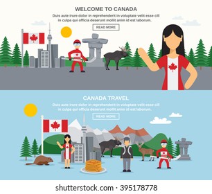 Welcome to canada banners with hockey animals food buildings and landscape isolated vector illustration