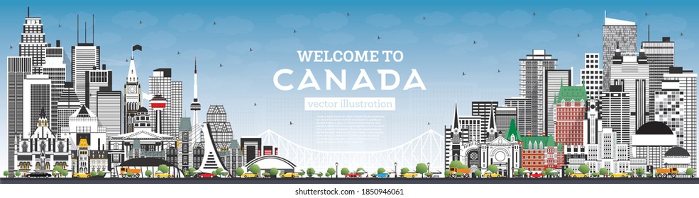 Welcome to Canada City Skyline with Gray Buildings and Blue Sky. Vector Illustration. Concept with Historic Architecture. Canada Cityscape with Landmarks. Ottawa. Toronto. Montreal. Vancouver.