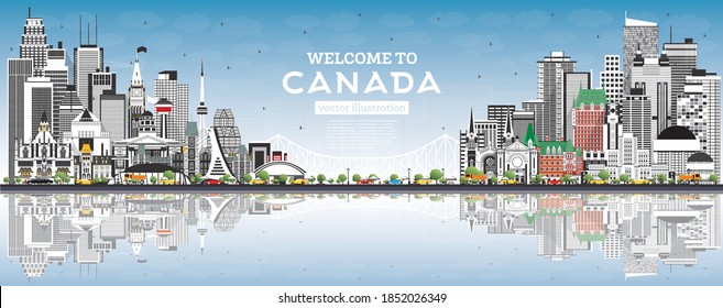 Welcome to Canada City Skyline with Gray Buildings and Blue Sky. Vector Illustration. Concept with Historic Architecture. Canada Cityscape with Landmarks. Ottawa. Toronto. Montreal. Vancouver.