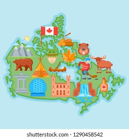 Welcome to Canada concept. Canadian map, isolated, with different attractions and culture symbols. Vector illustration 