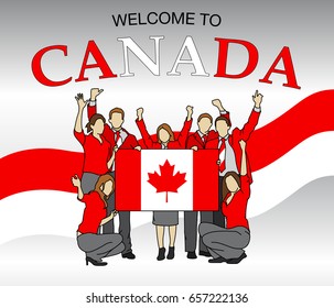 Welcome to Canada. Group of people dressed in the colors of the Canada flag, waving with hands and holding the flag - Vector image 
