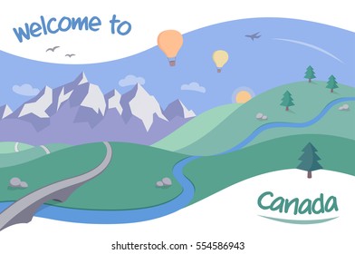 Welcome to Canada - an illustration with the beautiful Canadian wilderness, in the style of a retro postcard or poster. Ideal for illustrating themes of travel and tourism.