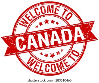 Welcome To Canada Red Round Ribbon Stamp