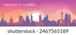 Welcome to Canada skyline with cities panorama, gradient vector banner. Colorful Toronto, Montreal, Ottawa, Winnipeg, Vancouver, Edmonton silhouette for footer, steamer, header, horizontal graphic
