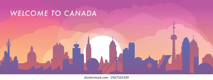 Welcome to Canada skyline with cities panorama, gradient vector banner. Colorful Toronto, Montreal, Ottawa, Winnipeg, Vancouver, Edmonton silhouette for footer, steamer, header, horizontal graphic