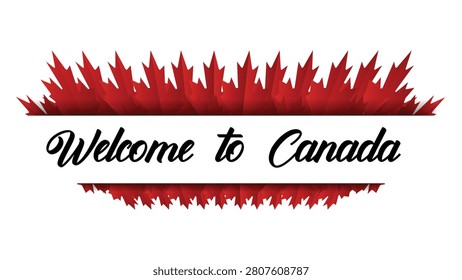Welcome to canada text banner with a row of red maple leaves design element