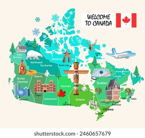 Bienvenidos a Canadá. Mapa de viaje de Canadá. Ilustración vectorial