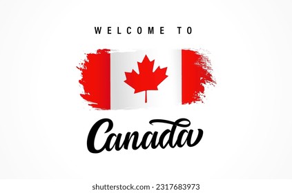 Welcome to Canada, typography design and waving flag. Message and national flag suitable as a logo icon, poster, greeting card, badge, website banner or t-shirt