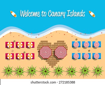 Welcome to Canary Islands postcard flat design, beach view on top, vector illustration 