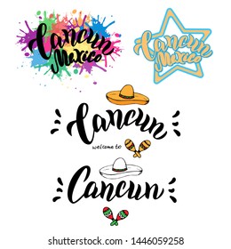 Welcome To Cancun Typography Set. Travel Greeting Postcard. T-shirt Print, Souvenirs Design. Vector Eps 10.