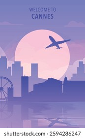 Welcome to Cannes, France. Gradient city poster, card with shapes of skyline, waterfront and airplane. Europe travel vector illustration, print, graphic