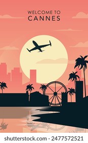 Bienvenidos a Cannes, Lisboa. Afiche de la ciudad retro con Formas abstractas del horizonte, edificios, avión que sobrevuela. Ilustración vectorial de viaje de Antiguas airlines